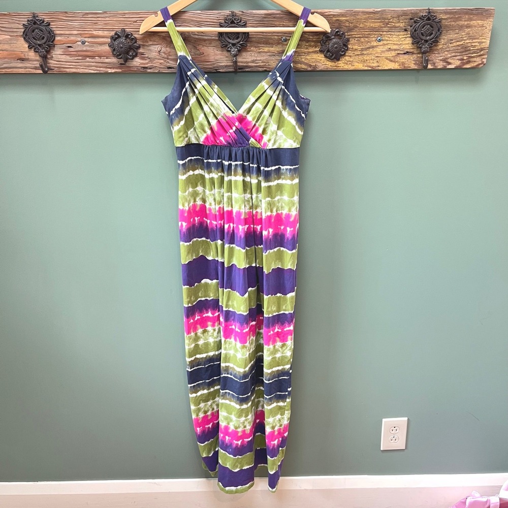 Lafayette 148 New York Tie Dye Maxi Dress Womens Small Pink Green Purple V-Neck